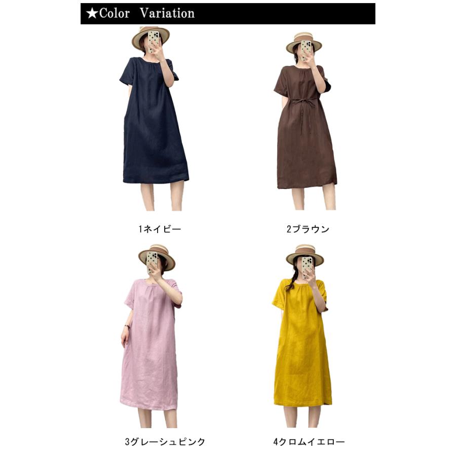 リネン100% リネン ワンピース レディース 春 夏 M L 半袖 膝丈 ミディ