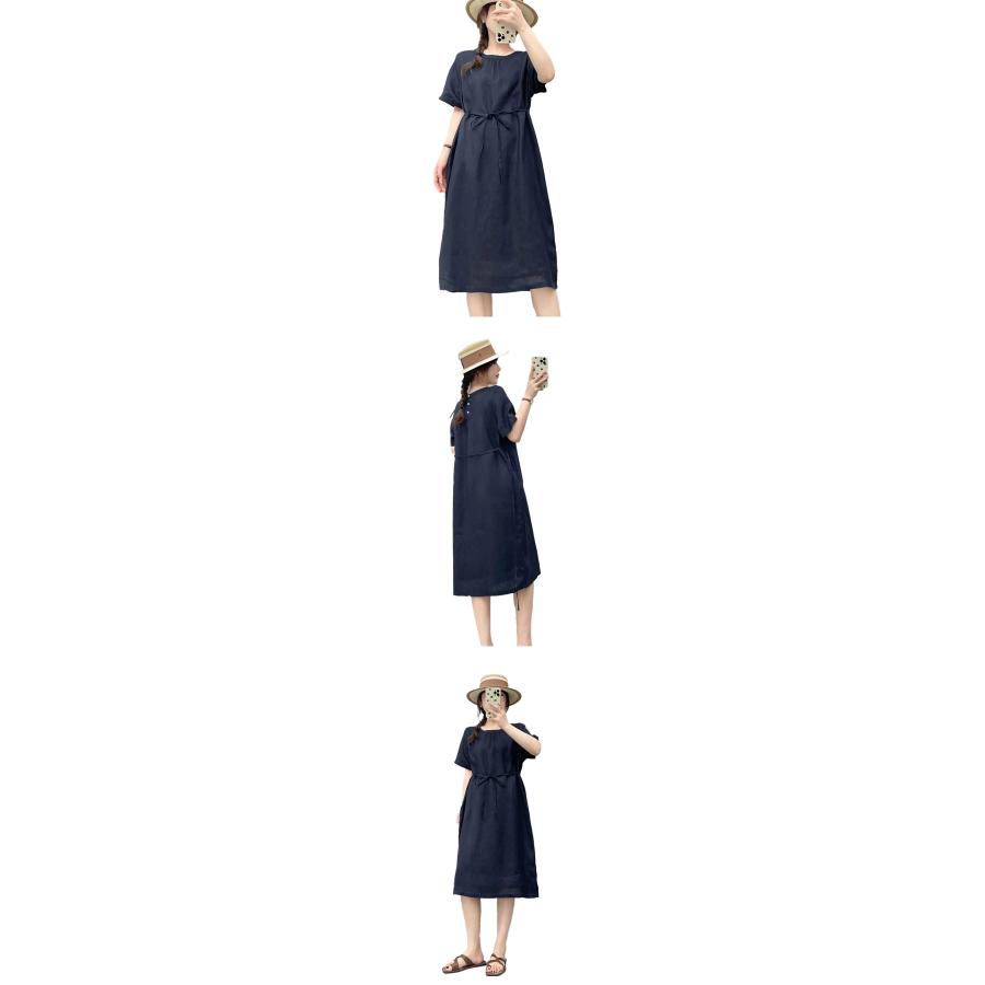 リネン100% リネン ワンピース レディース 春 夏 M L 半袖 膝丈 ミディ