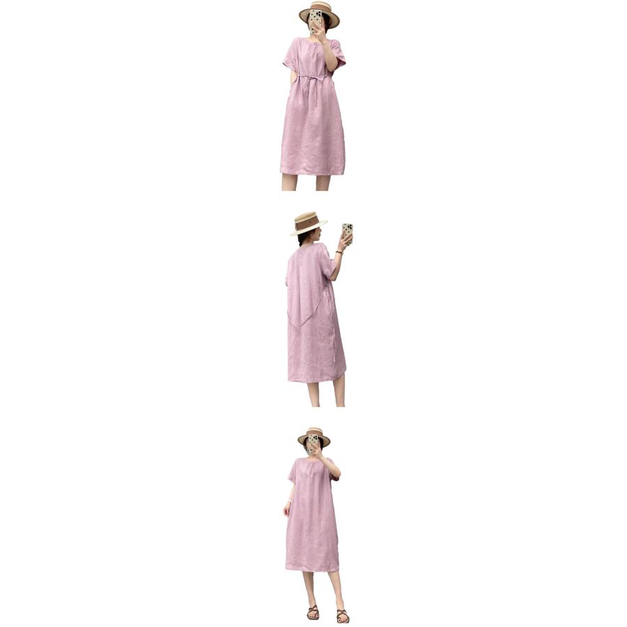 リネン100% リネン ワンピース レディース 春 夏 M L 半袖 膝丈 ミディ