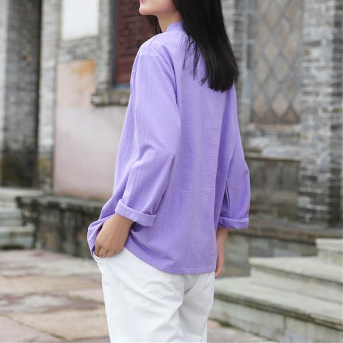 綿麻 ブラウス レディース シャツ 長袖 綿 リネン 結びボタン コットン