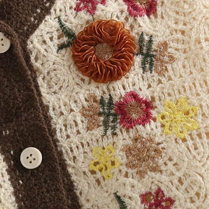 手編み風 ニット 花柄 カーディガン レディース 異素材 フラワー 刺繍