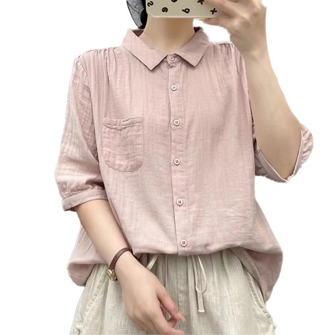 ダブルガーゼ シャツ 5分袖 レディース 綿 春 夏 秋 S M L ハーフ袖
