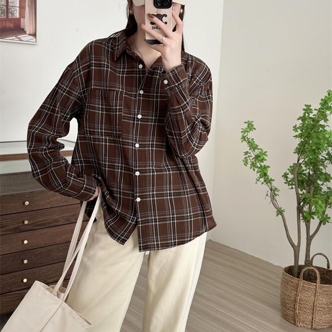 【美品】ヴェリテクール/縮絨コットンウールギンガムチェックシャツ/ブラウン チェック シャツ レディース 秋 秋色 綿 長袖 ギンガム ブラウス 薄手