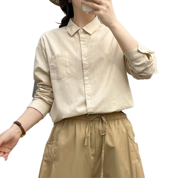綿シャツ レディース 春 秋 長袖 ポプリン 中厚 小さめ衿 無地 夏 冬