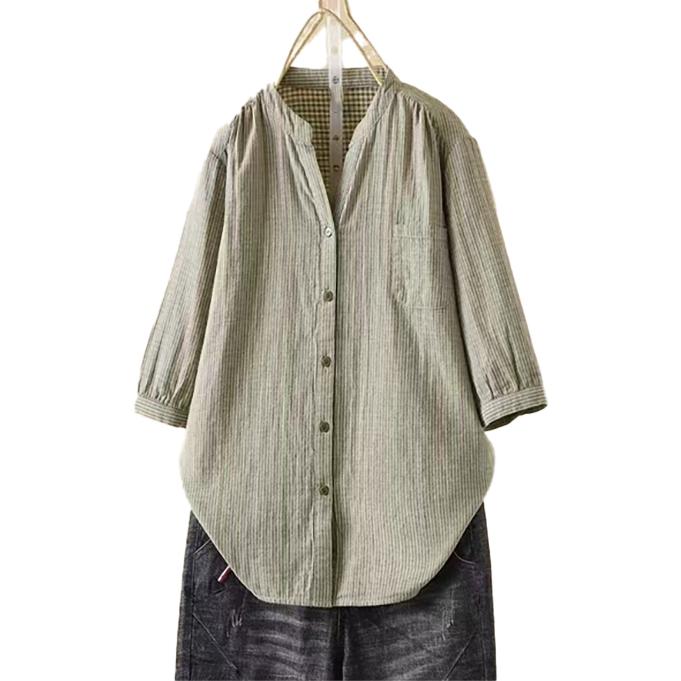 ダブルガーゼ シャツ レディース 5分袖 半袖 春 夏 秋 M L キーネック