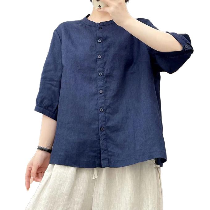 リネン100%シャツ レディース 5分袖 春 夏 初秋 M L 麻100% バンド