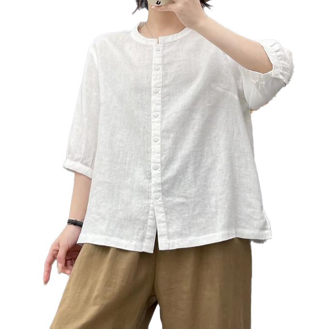 リネン100%シャツ レディース 5分袖 春 夏 初秋 M L 麻100% バンド 