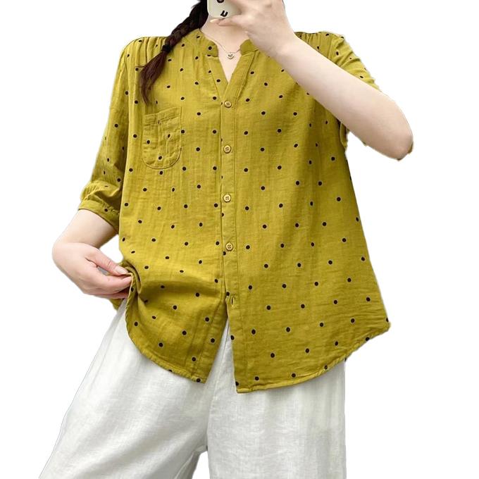 ダブルガーゼ シャツ 5分袖 レディース ドット 水玉 キーネック 春 夏 