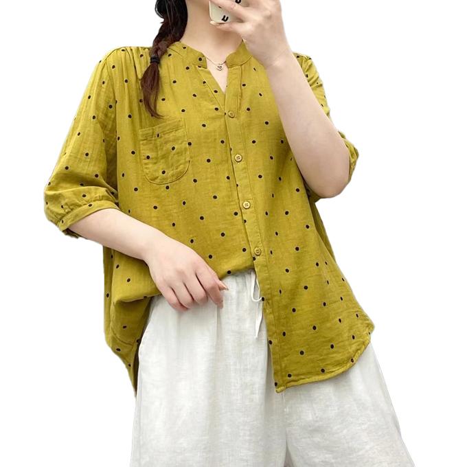 ダブルガーゼ シャツ 5分袖 レディース ドット 水玉 キーネック 春 夏
