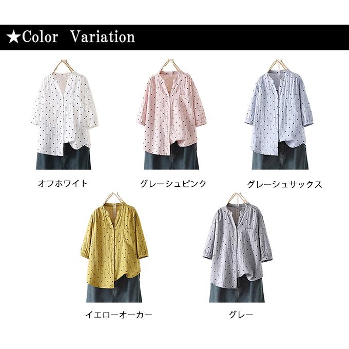ダブルガーゼ シャツ 5分袖 レディース ドット 水玉 キーネック 春 夏