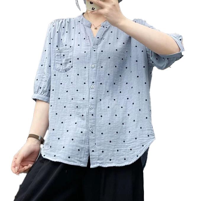 ダブルガーゼ シャツ 5分袖 レディース ドット 水玉 キーネック 春 夏