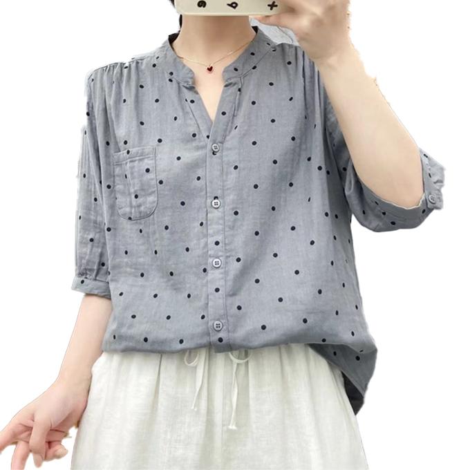ダブルガーゼ シャツ 5分袖 レディース ドット 水玉 キーネック 春 夏