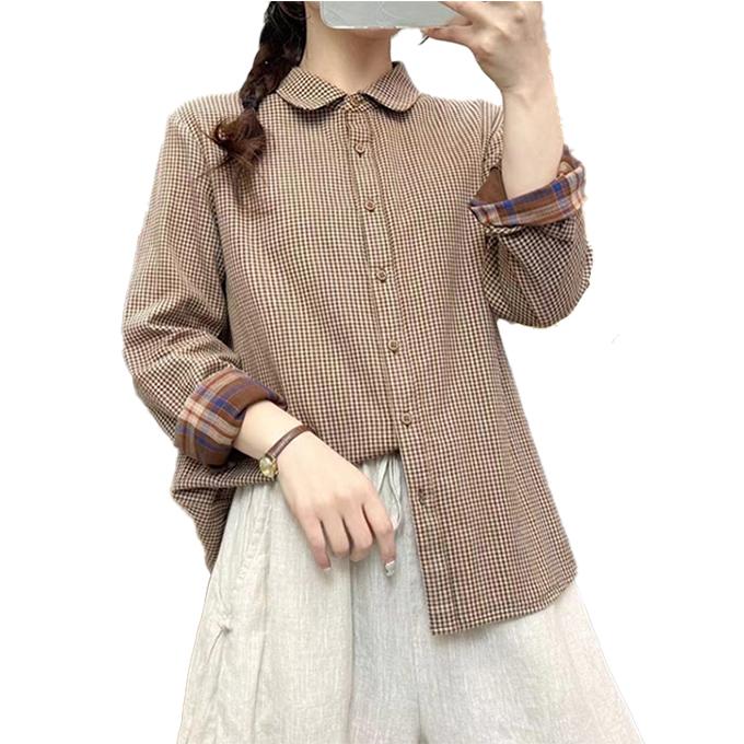 ダブルガーゼ シャツ レディース 春 夏 秋 冬 M L XL 長袖 ギンガム 丸