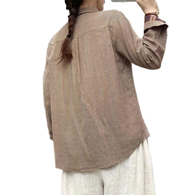 ダブルガーゼ シャツ レディース 春 夏 秋 冬 M L XL 長袖 ギンガム 丸