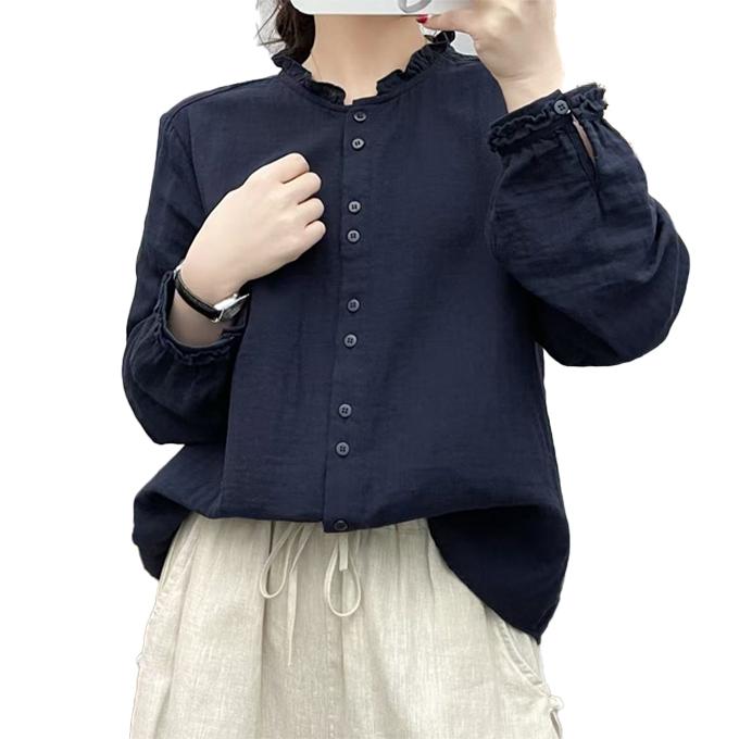 ダブルガーゼ シャツ レディース 春 夏 秋 冬 M L 長袖 フリル襟
