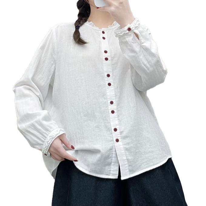 ダブルガーゼ シャツ レディース 春 夏 秋 冬 M L 長袖 フリル襟