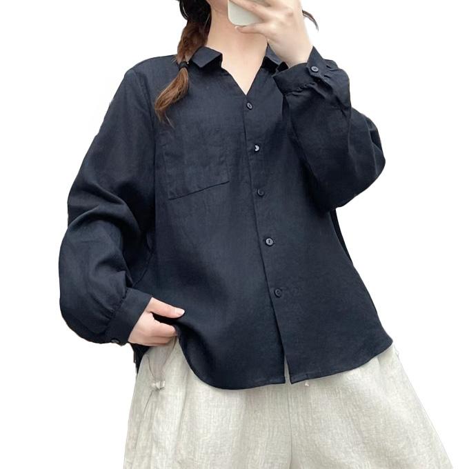 リネンシャツ レディース 長袖 キーネック 前開き プレミアムリネン 麻