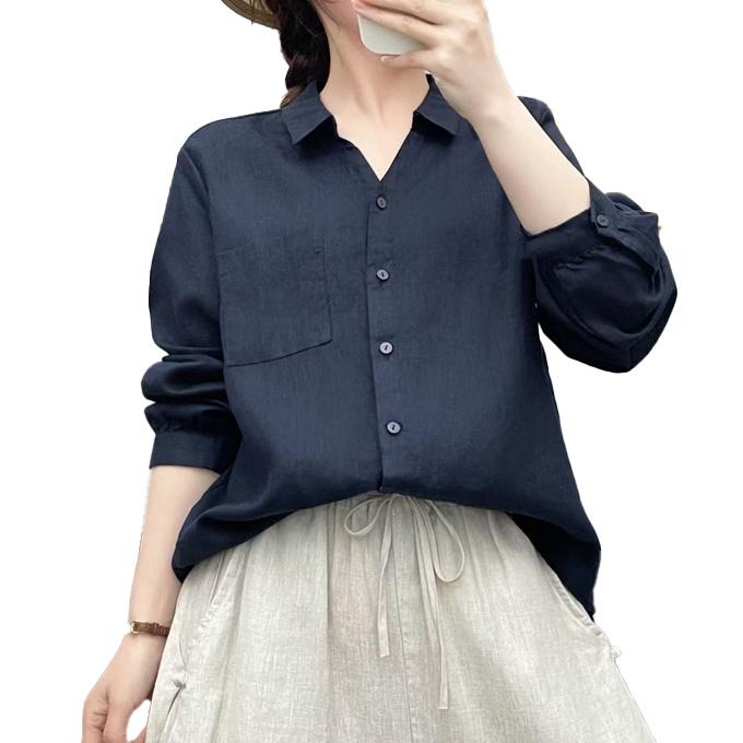 リネンシャツ レディース 長袖 キーネック 前開き プレミアムリネン 麻 