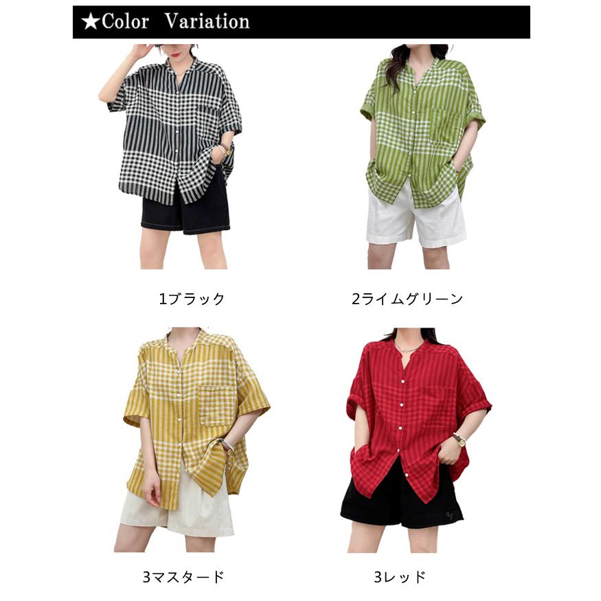 シャツ レディース ダブルガーゼ チェックシャツ 綿100％ 半袖