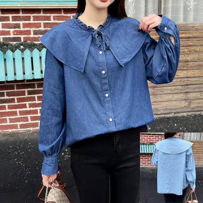 22 春夏秋新作 レディース トップス デニム デニムシャツ ブラウス 大きな衿 フリル ボウタイ バルーン袖 スタンドネック フリルネック ライトオンス 薄手 長 S910 Sakura ファッション 通販 Yahoo ショッピング