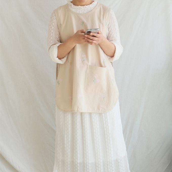 レディース 綿 上半身用 エプロン プルオーバー 刺繍 フラワー刺繍