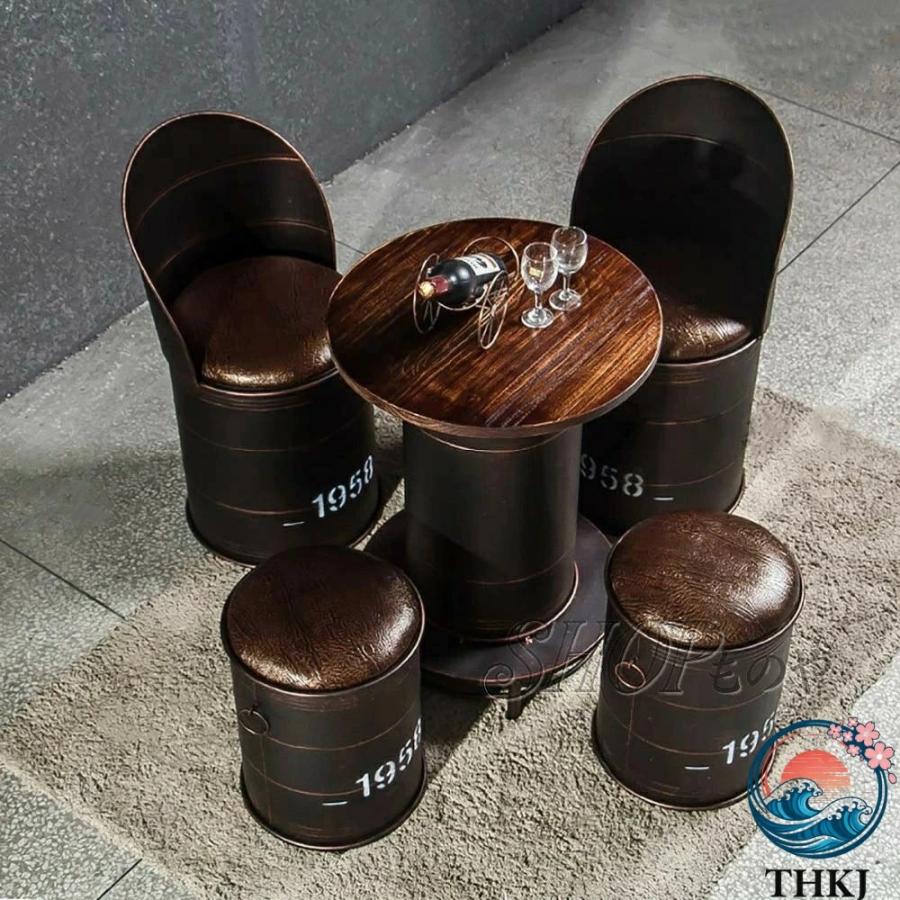 バーレトロスーツ ヨーロッパのバーテーブルと椅子 ドラム缶コンビネーション THKJ 5点セット 錬鉄製レトロインダストリアルスタイル ミルクティーデザートシの画像