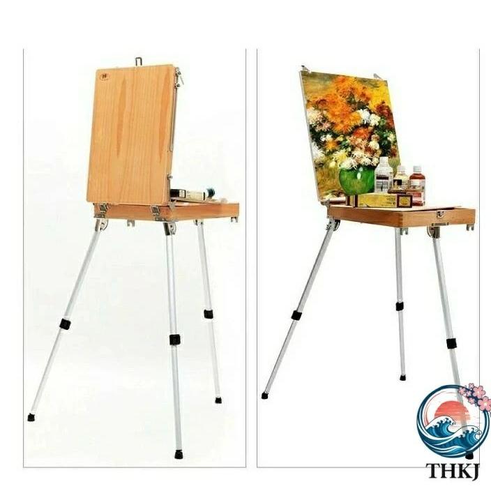 イーゼル 絵画ボックス 折りたたみ式 一体式絵画スタンド 油絵具木箱 THKJ スケッチボックス 木製 長さ調節可能 油絵 水彩画 写生 模写 画材入れ 省スペースの画像