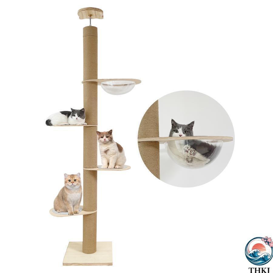 キャットタワー 突っ張り 木製 高さ183 270cm対応 ホワイトコットン THKJ 天然麻 木登りタワー シングル 猫タワー 省スペース スリム 爪とぎ 太い支柱_18