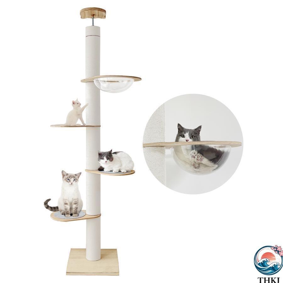 キャットタワー 突っ張り 木製 高さ183 270cm対応 ホワイトコットン THKJ 天然麻 木登りタワー シングル 猫タワー 省スペース スリム 爪とぎ 太い支柱_19