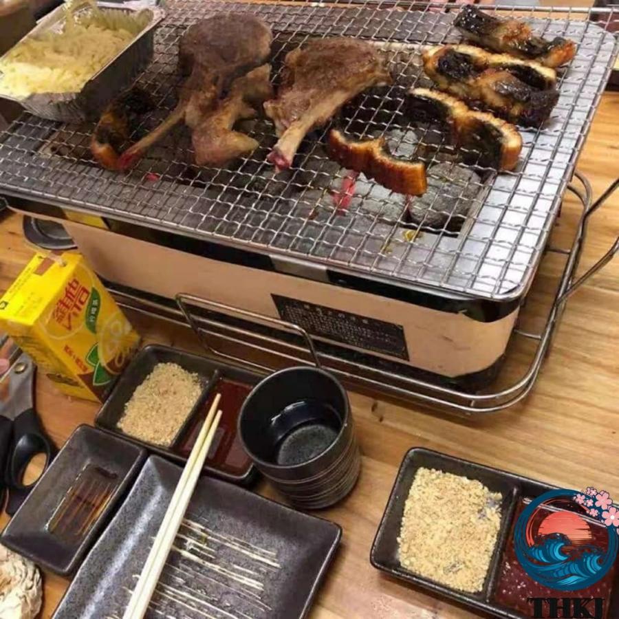 炭火焼きコンロ 卓上 角型 珪藻土 室内 網付き 焼き網つき THKJ バーベキュー 卓上コンロ アウトドア 家庭用 魚グリル 焼肉 セラミック火鉢 持ち運び便利の画像