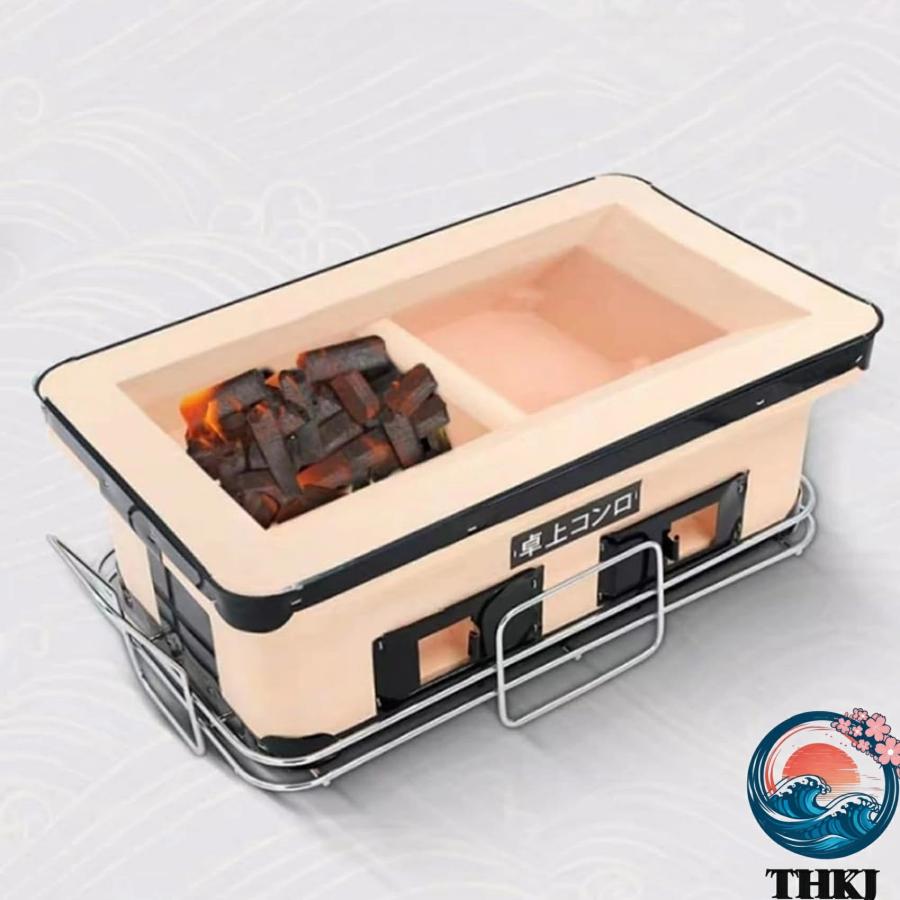炭火焼きコンロ 卓上 角型 珪藻土 室内 網付き 焼き網つき THKJ バーベキュー 卓上コンロ アウトドア 家庭用 魚グリル 焼肉 セラミック火鉢 持ち運び便利の画像
