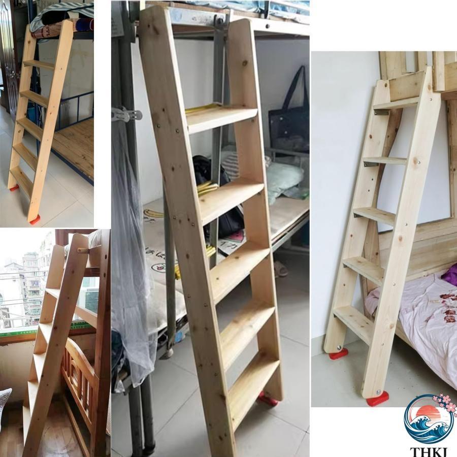 木製5段はしご 二段ベッド用赤いゴム足付き　長さ:148cm、幅:44cm 木製 はしご 3段 4段 5段 2段ベッド ハシゴ 滑り止めゴム足パッド付き