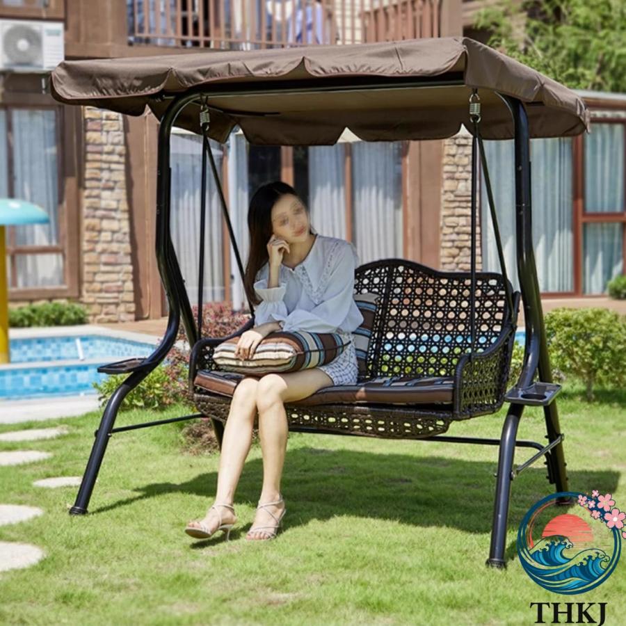 ブランコ 屋外 スイングベンチ パティオスイングチェア ポーチのパティオ THKJ クッション付き 天井高さ調節可能 強力な耐荷重 大人と子供用 二重掛かる椅子の画像