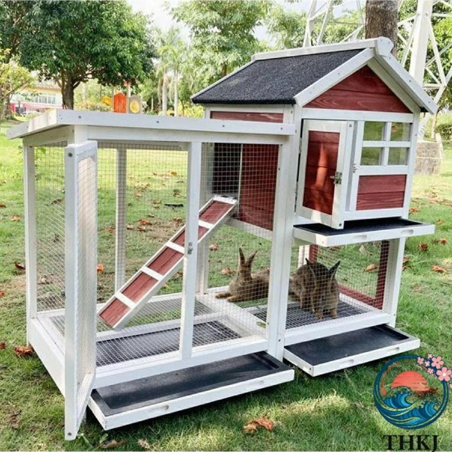 屋外ウサギケージ木製鶏小屋 ウサギケージ うさぎケージ ウサギ小屋 うさぎ小屋 THKJ ラビットケージ屋外二層木製チキン小屋 木製小動物 アパートメントの画像