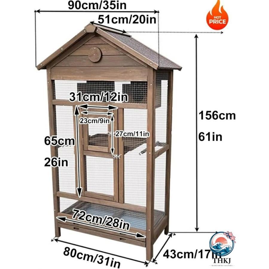 インコ 屋外 木製 鳥かご トリカゴ セキセイインコ 鳥籠 大型 防風カバー THKJ 取り外し可能な底トレイ サイレントユニバーサルキャスター付き 鳥小屋 文鳥 鳥の画像