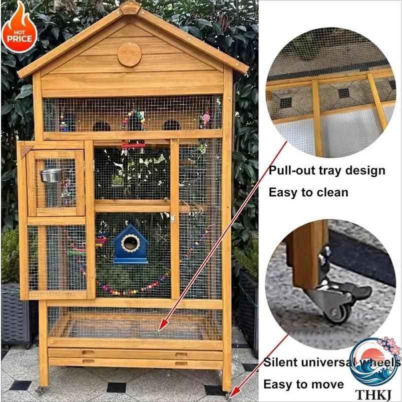 インコ 屋外 木製 鳥かご トリカゴ セキセイインコ 鳥籠 大型 防風カバー THKJ 取り外し可能な底トレイ サイレントユニバーサルキャスター付き 鳥小屋 文鳥 鳥の画像