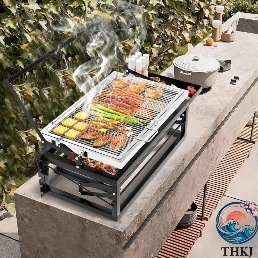 バーベキューコンロ bbq 焚き火台 大型 10人用 火力調節可能 360度回転可能な調理グリッド THKJ 取り外し可能なトレイ 調節可能なスチールラックを備えたポーの画像