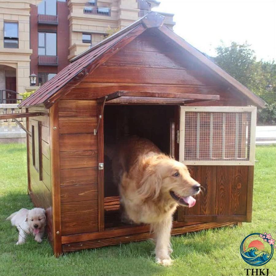 犬小屋 屋外用 大型犬 木製 犬舎 中型犬 超大型犬 屋根 ドア付き THKJ 大型屋外犬小屋 犬用ハウス 通気性 暖かい 全天候型 日焼け対策 防風 雨除け 快適の画像