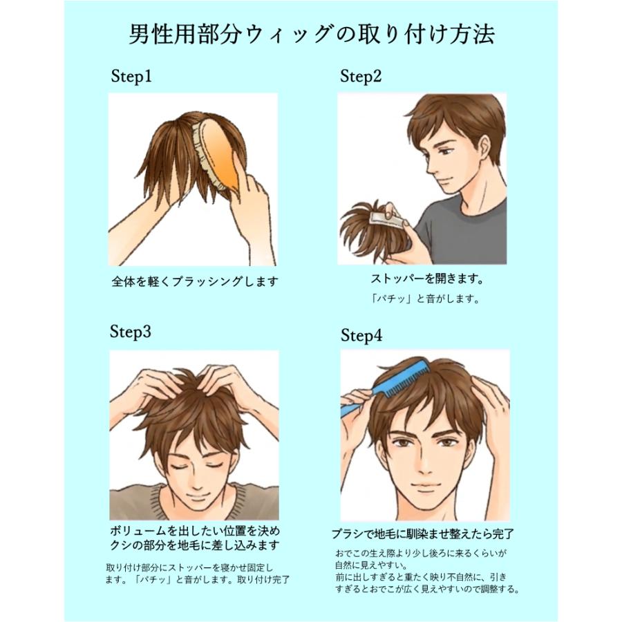 男性用メンズ部分ウィッグ人毛100% top-600 Lサイズ センター分け 総手植え 17×17cm 特殊人工皮膚 ナチュラルストレート 白髪隠し 薄毛隠し 広範囲カバー 軽量の画像