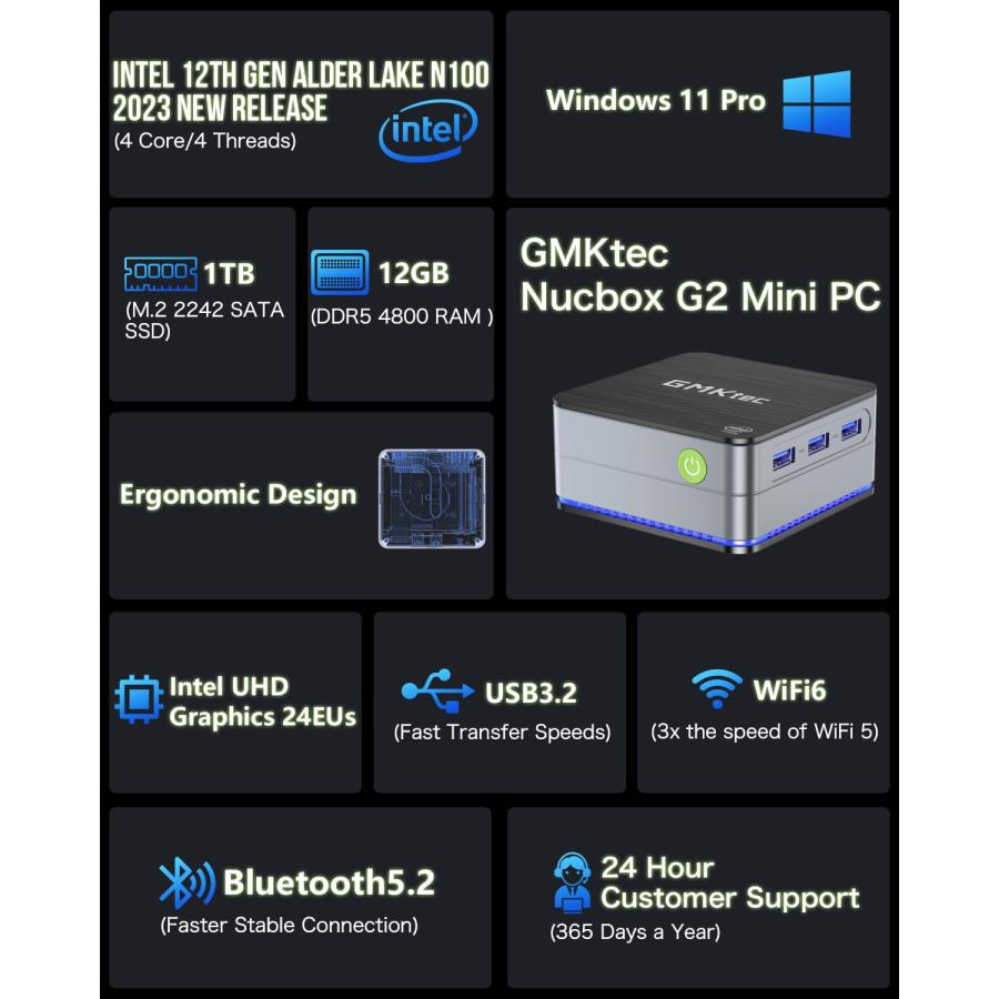 GMKtec Mini PC Windows 11 Pro Intel N100 (Up to 3.4GHz) 4C/4T, D 並行輸入品｜sakuragumi｜07