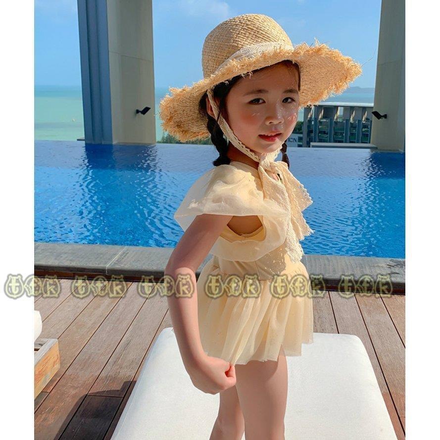 水着 女の子 かわいい 子供 水着 Uvカット チュール パフスリーブ キュート おしゃれ イエロー ベージュお出かけファッション 写真映え プリティ