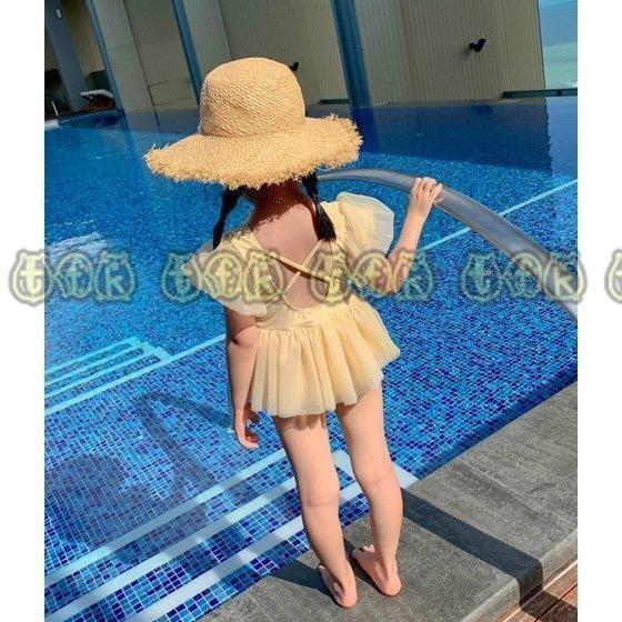 水着 女の子 かわいい 子供 水着 Uvカット チュール パフスリーブ キュート おしゃれ イエロー ベージュお出かけファッション 写真映え プリティ