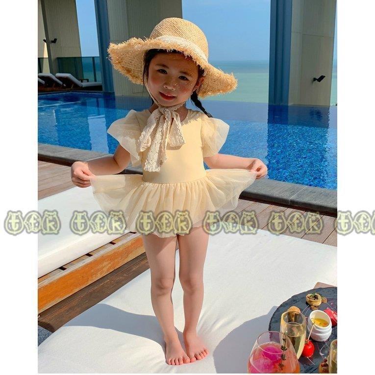 水着 女の子 かわいい 子供 水着 Uvカット チュール パフスリーブ キュート おしゃれ イエロー ベージュお出かけファッション 写真映え プリティ