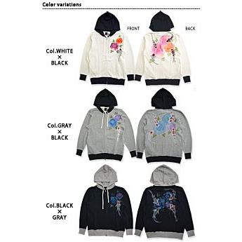 手描きパーカー 錦鯉と牡丹 碧 あお 和柄 送料無料 手書き 京都 職人