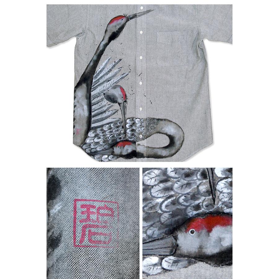 手描き半袖シャツ「群れる丹頂鶴」 碧 和柄 和風 ツル あお 職人 京都 手描き半袖シャツ「群れる丹頂鶴」 碧 和柄 和風 ツル あお 職人 京都