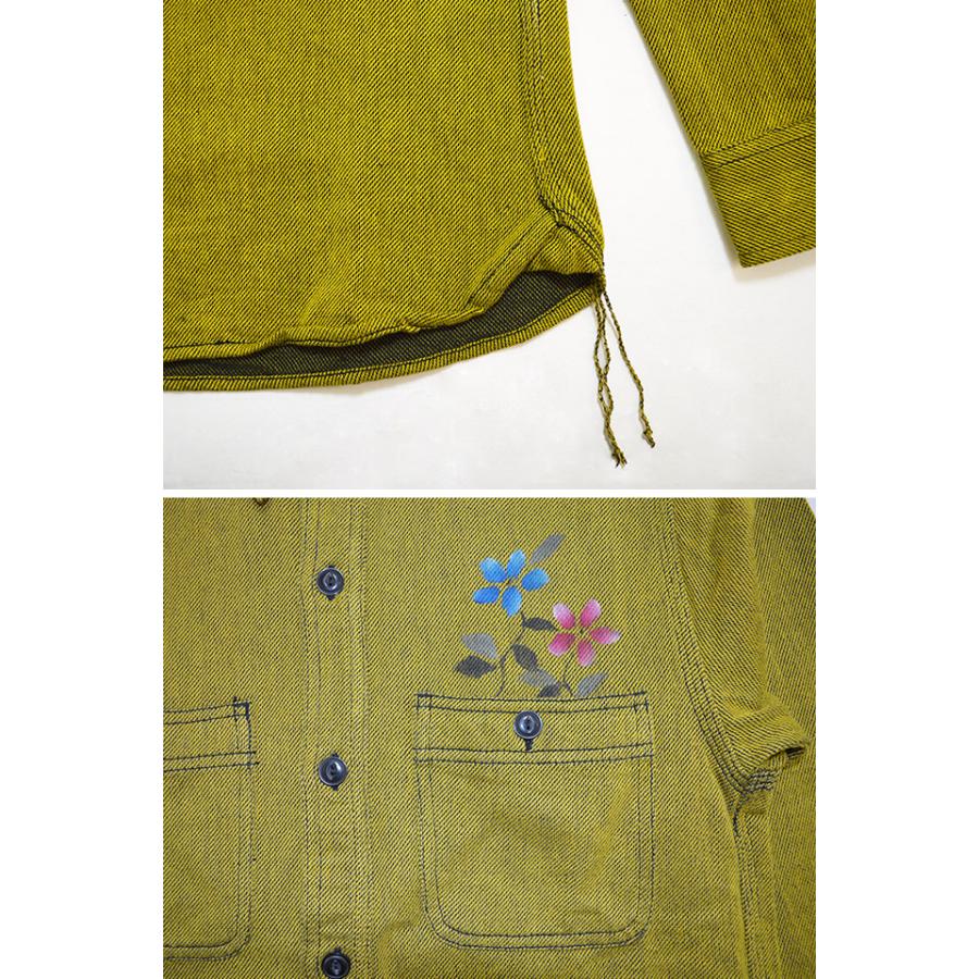 おかめひょっとこリメイク長袖シャツ 碧 和柄 和風 あお 手描き 京都