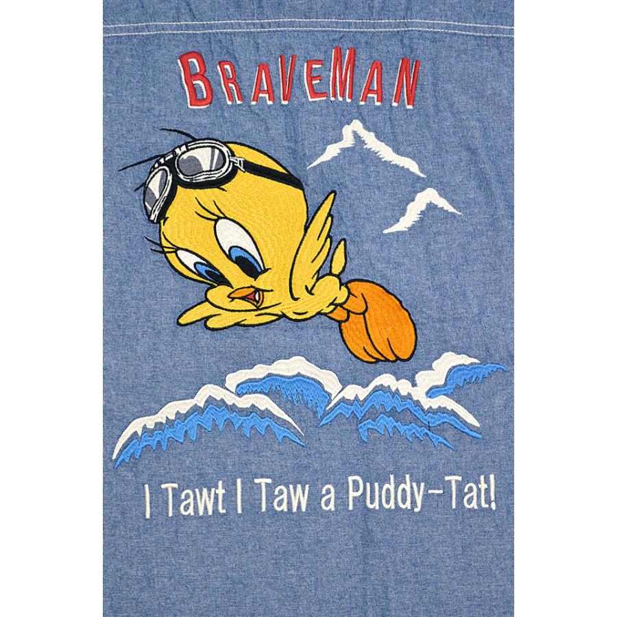 BR×LOONEYコラボ シャンブレー半袖シャツ The BRAVE-MAN LTB-2410 ブレイブマン 刺繍 アメコミ BR×LOONEYコラボ シャンブレー半袖シャツ The BRAVE-MAN LTB-2410