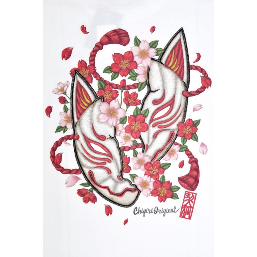 狐面割れ桜 刺繍風インクジェットプリント半袖Tシャツ CHIGIRI CHS63