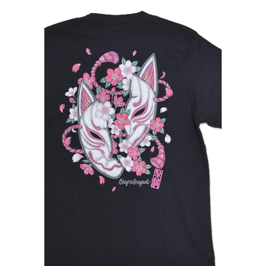 狐面割れ桜 刺繍風インクジェットプリント半袖Tシャツ CHIGIRI CHS63