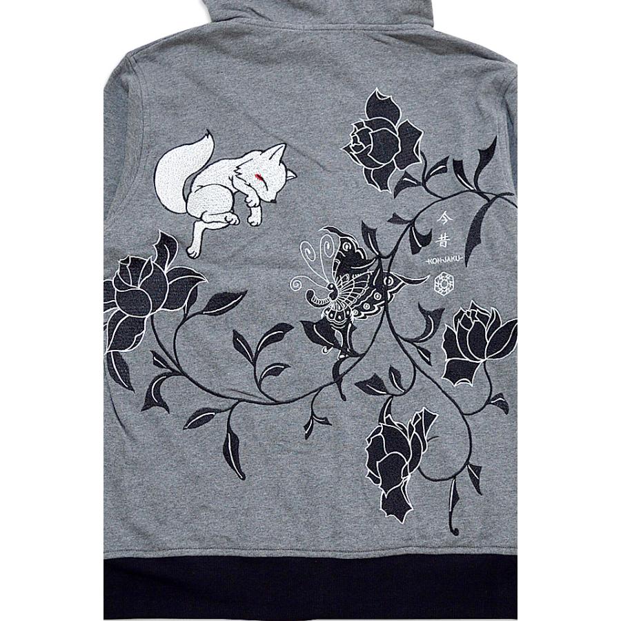 薔薇は美しいパーカー 今昔 KJP-20028 和柄 和風 狐 きつね キツネ 刺繍 こんじゃく 今昔 薔薇は美しいパーカー KJP こんじゃく